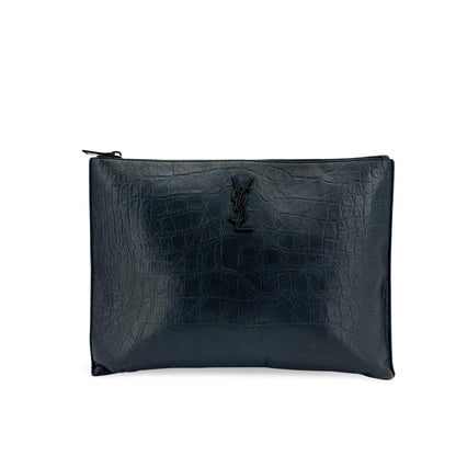 Saint Laurent Classic Monogram Zip Crocodile Embossed Leather Medium