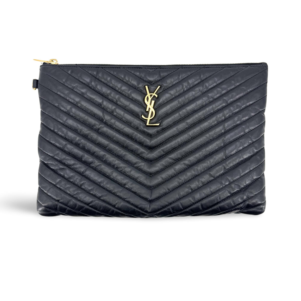 Saint Laurent Classic Monogram Wristlet Matelasse Chevron Leather Medium