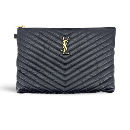 Saint Laurent Classic Monogram Wristlet Matelasse Chevron Leather Medium