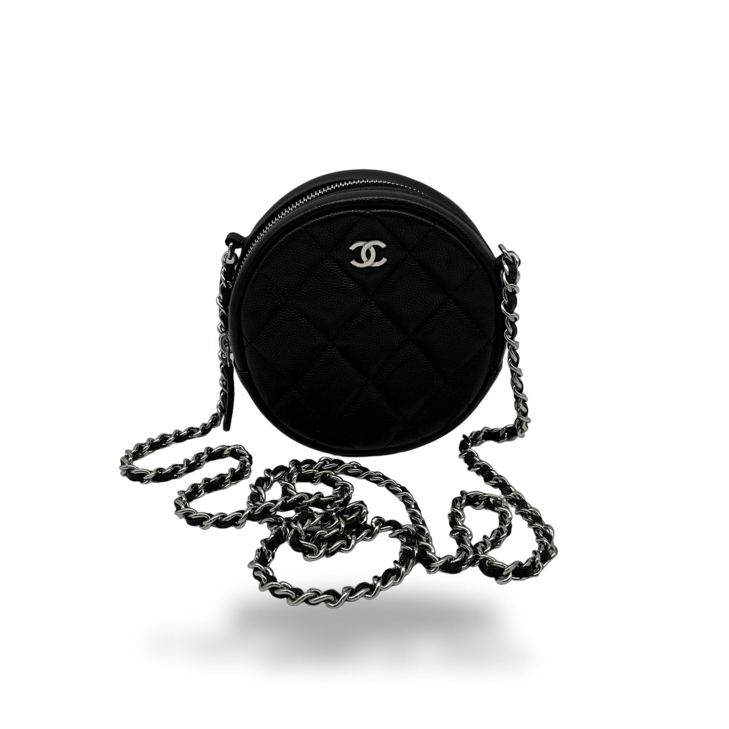 Chanel Handle with Care Round Vanity Case with Chain Quilted Caviar Small