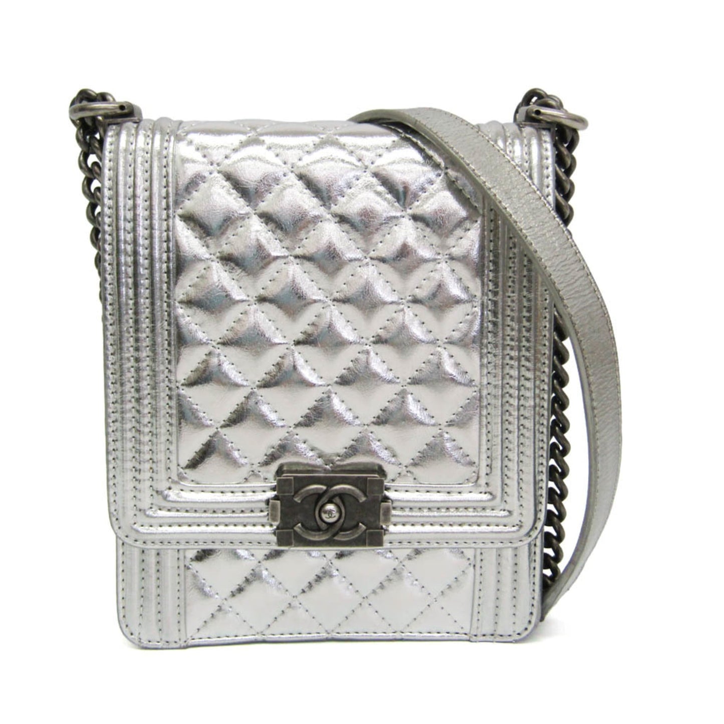 Chanel North South Boy Flap Quilted Metallic Calfskin Small