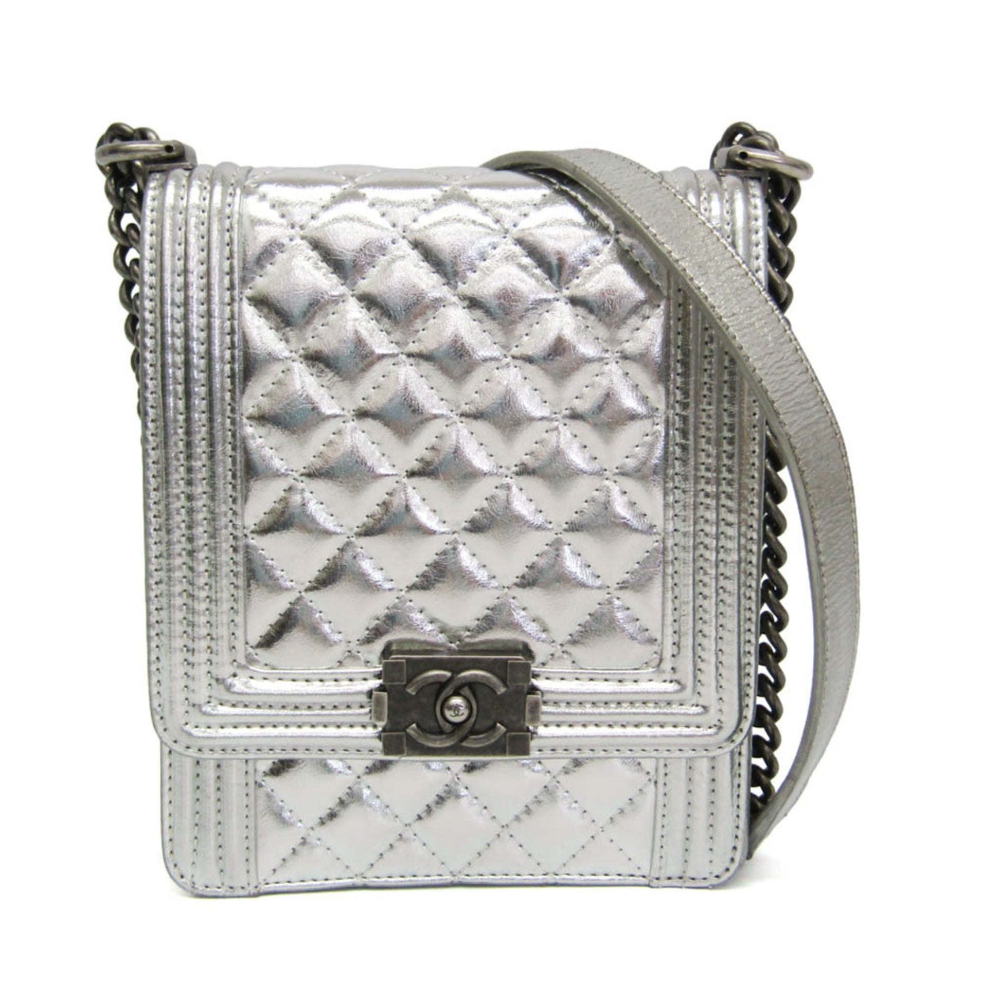 Chanel North South Boy Flap Quilted Metallic Calfskin Small