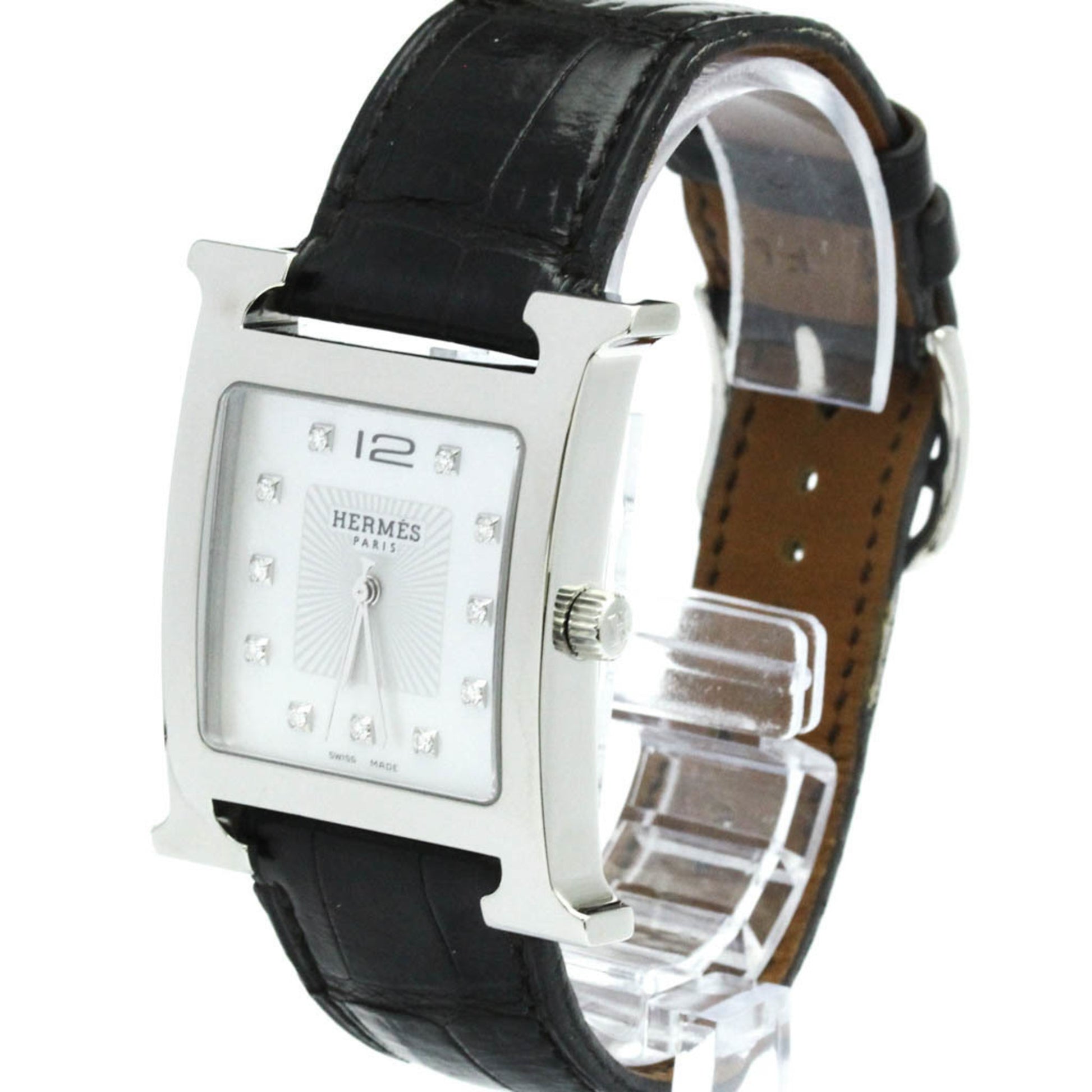 Hermes Heure H Quartz Stainless Steel and Alligator with Diamond Markers and Mother of Pearl 30