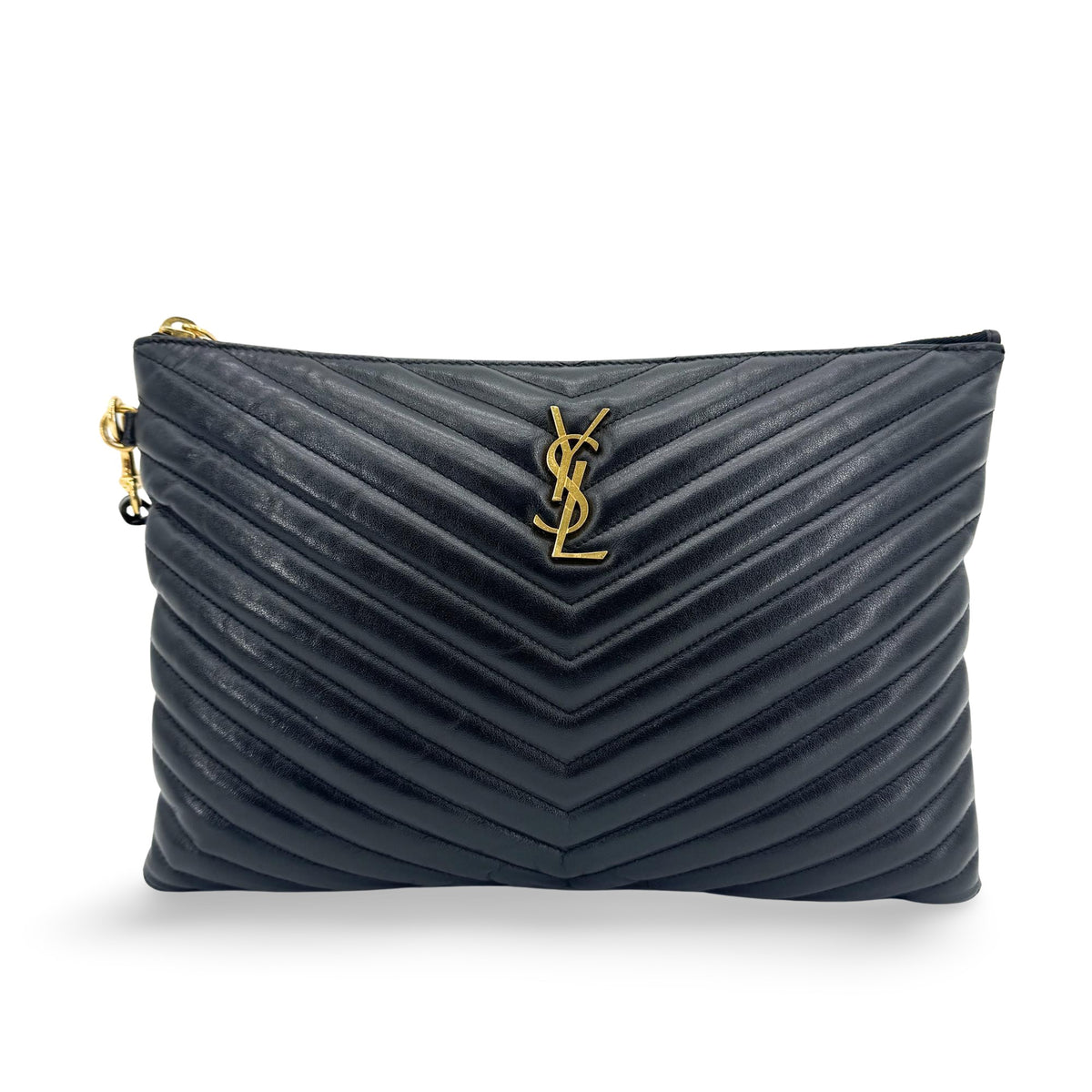 Saint Laurent Classic Monogram Wristlet Matelasse Chevron Leather Small