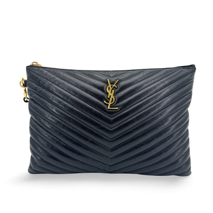 Saint Laurent Classic Monogram Wristlet Matelasse Chevron Leather Small