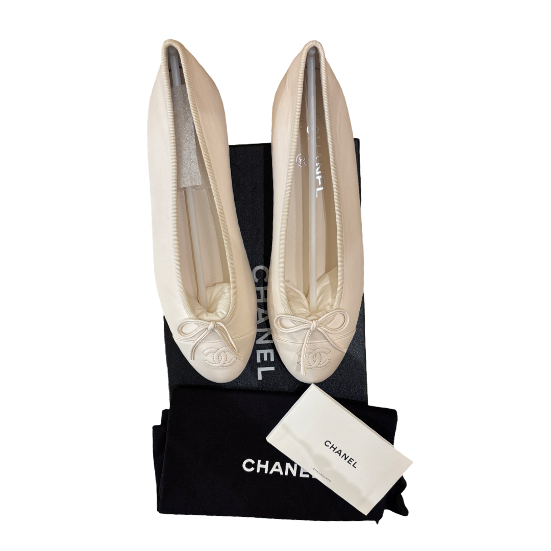 Chanel Women's CC Cap Toe Bow Ballerina Flats Quilted Leather Product Image