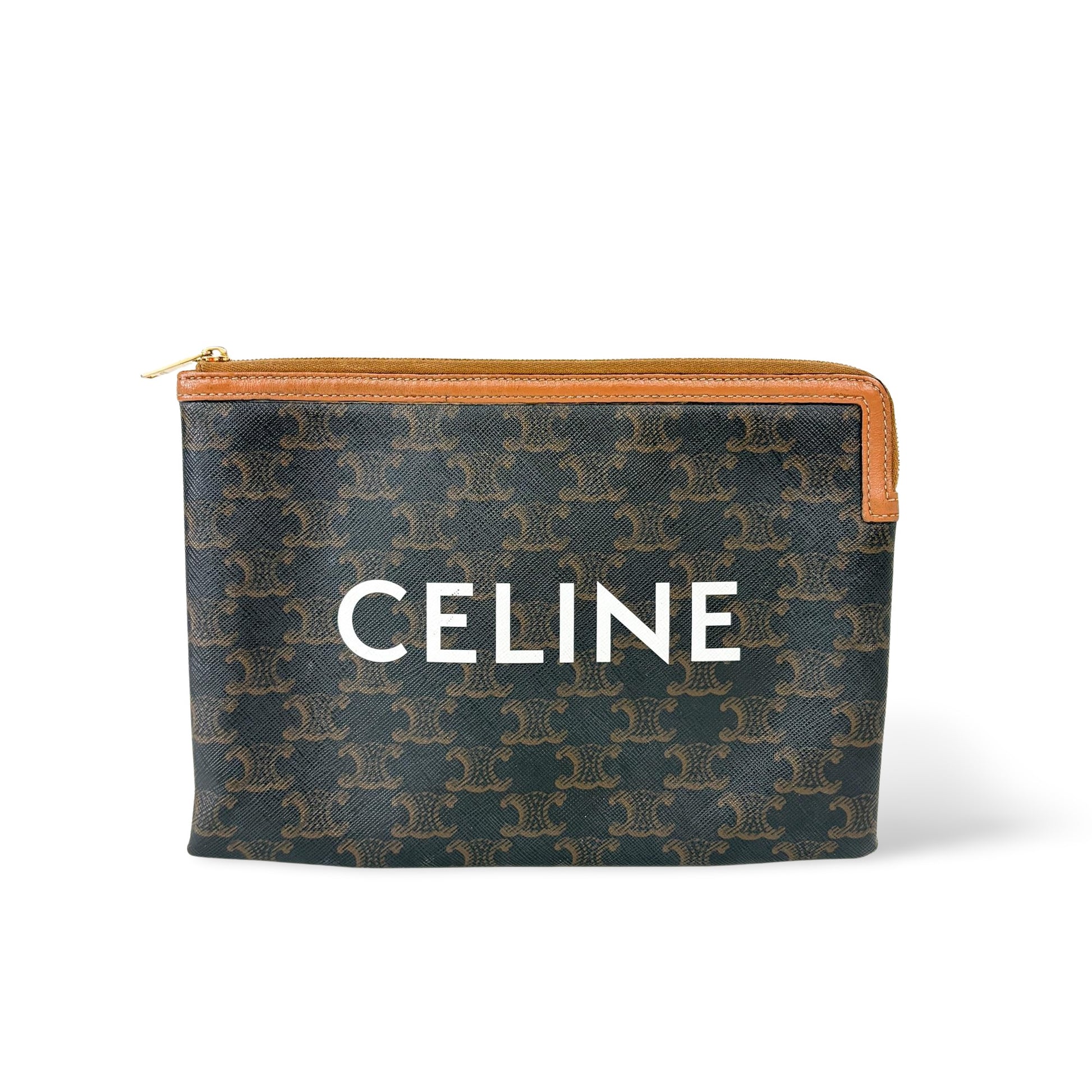 Celine Triomphe Zip Pouch Woven Raffia Small
