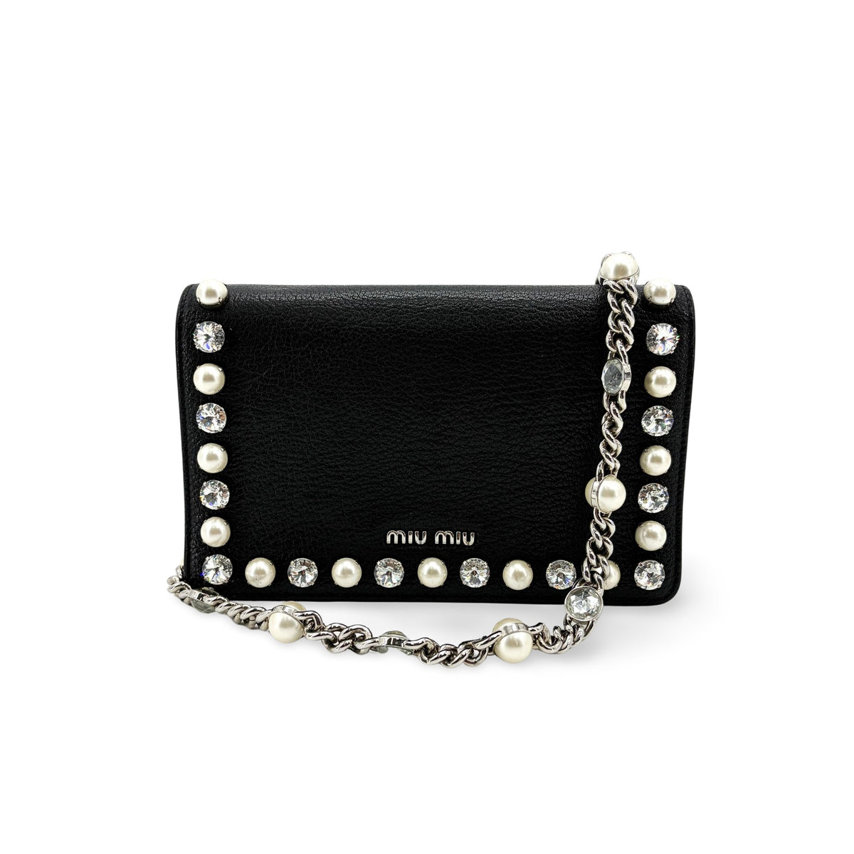 Miu Miu Crystal and Pearl Chain Clutch Embellished Leather Medium