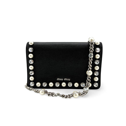 Miu Miu Crystal and Pearl Chain Clutch Embellished Leather Medium