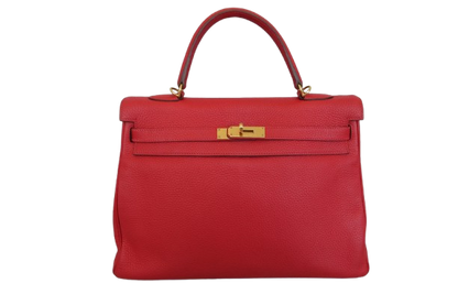 Hermes Kelly Handbag Red Clemence with Gold Hardware 35
