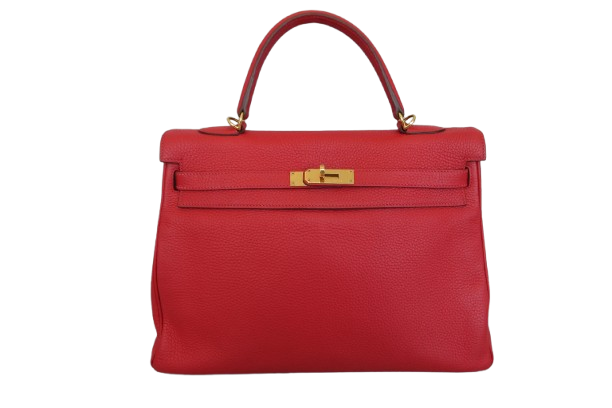 Hermes Kelly Handbag Red Clemence with Gold Hardware 35