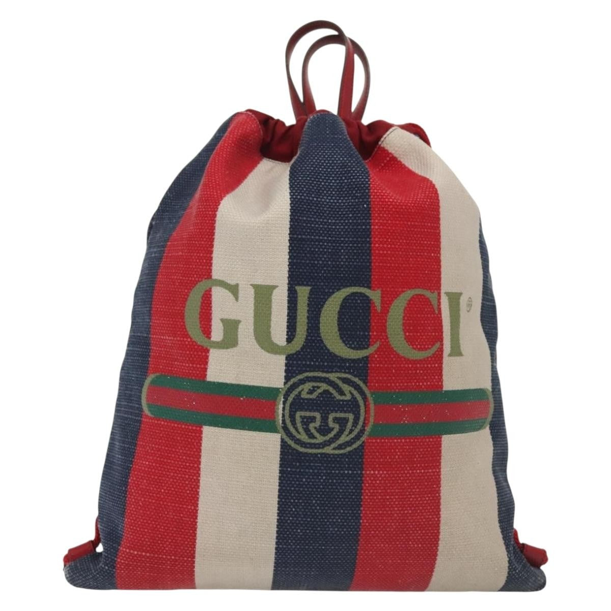 Gucci Logo Drawstring Backpack Striped Canvas Large