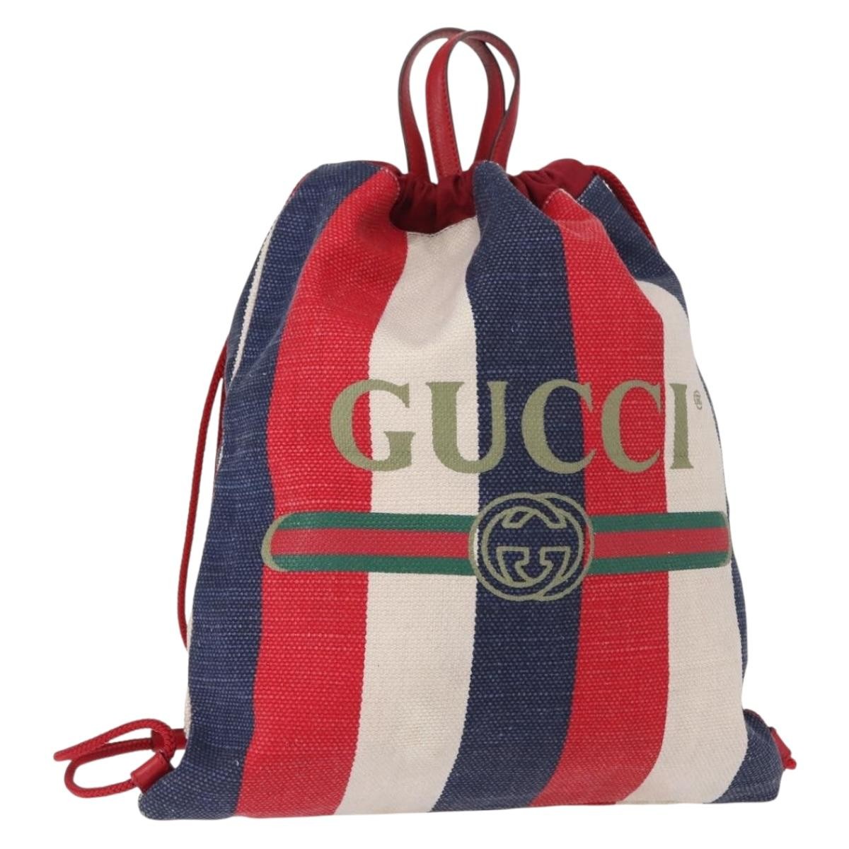 Gucci Logo Drawstring Backpack Striped Canvas Large