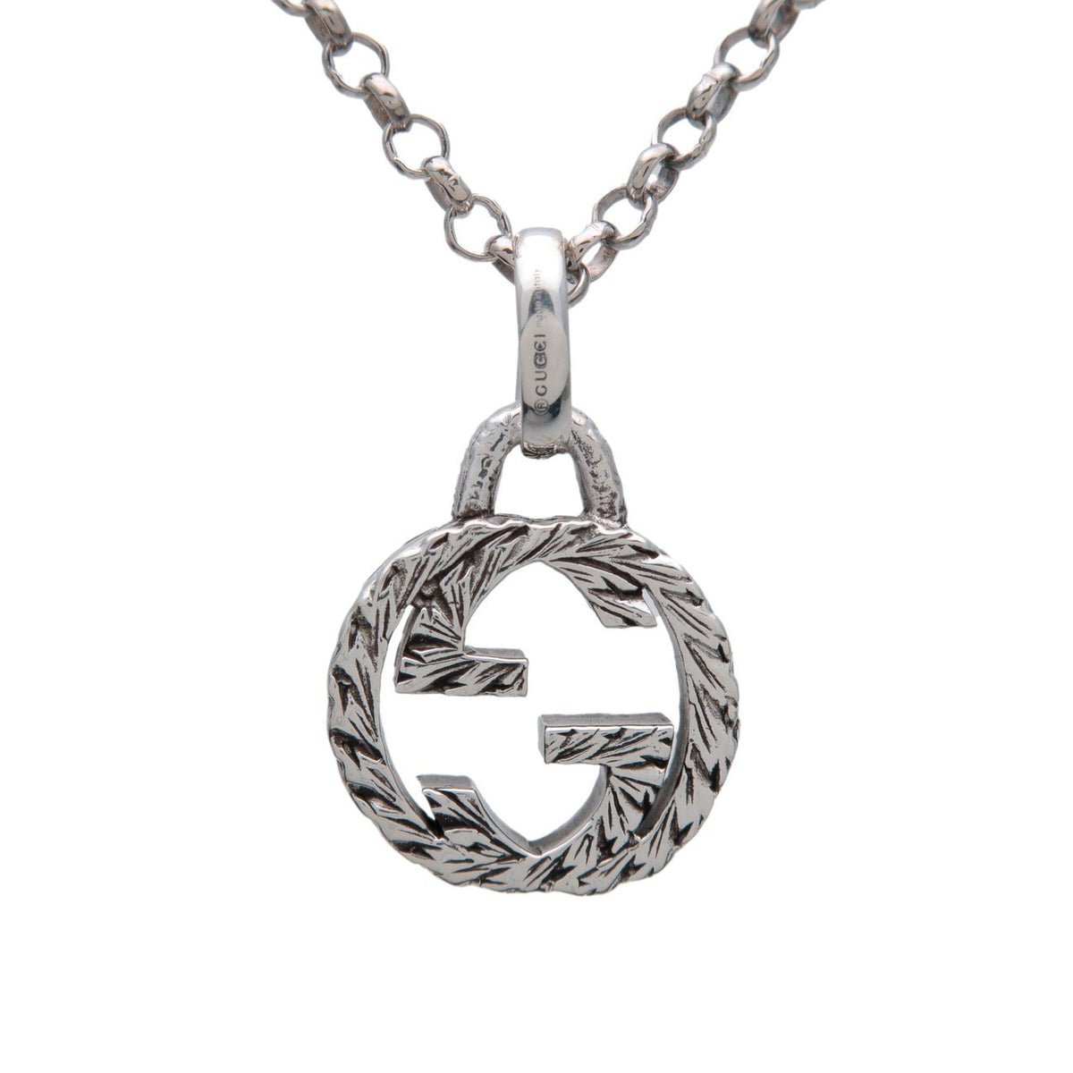 Gucci Engraved Interlocking G Chain Link Pendant Sterling Silver Large