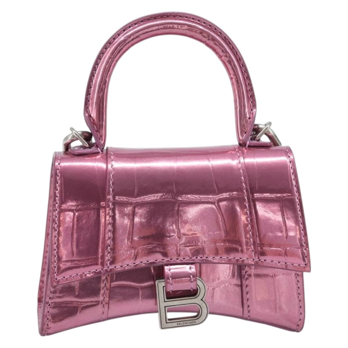 Balenciaga Hourglass Chain Top Handle Crocodile Embossed Leather Mini