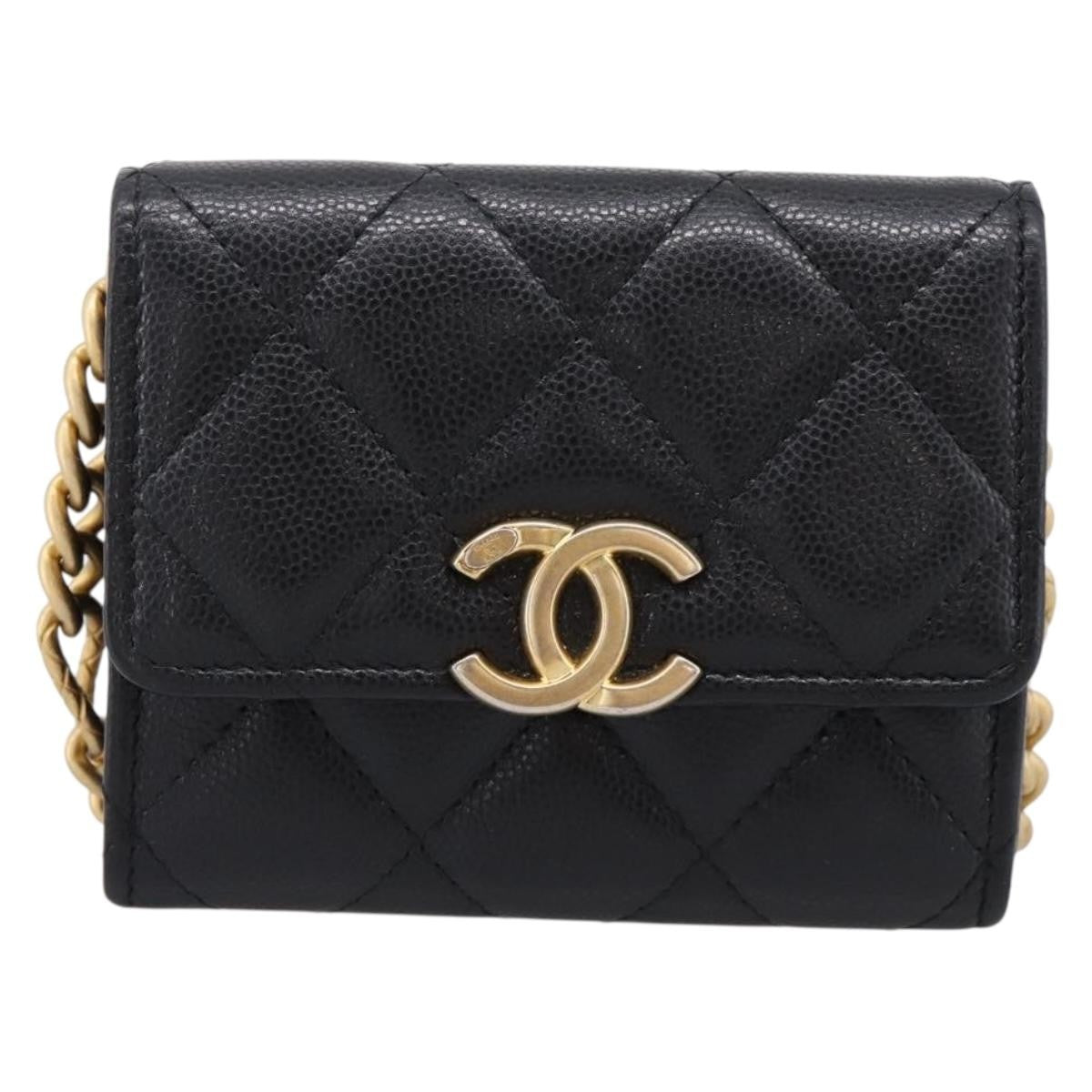 Chanel Plate Logo CC Flap Card Holder on Chain Quilted Caviar Mini