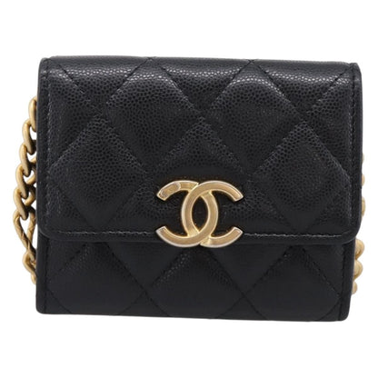 Chanel Plate Logo CC Flap Card Holder on Chain Quilted Caviar Mini