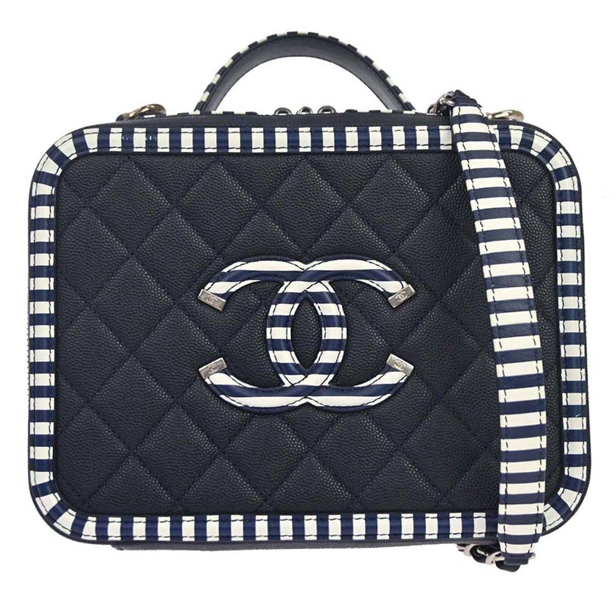Chanel Filigree Vanity Case Quilted Caviar with Striped Leather Small