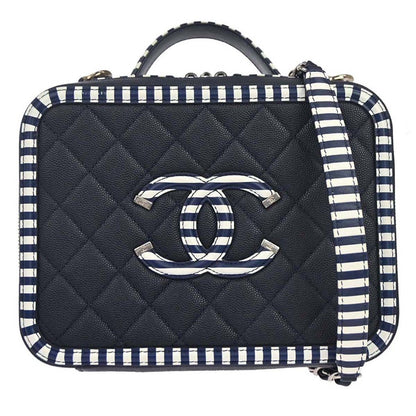Chanel Filigree Vanity Case Quilted Caviar with Striped Leather Small