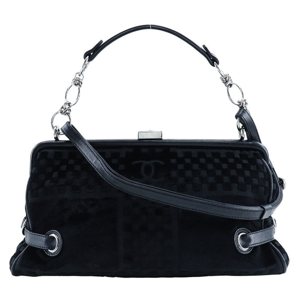 Chanel Vintage CC Side Belted Bowler Bag Check Embossed Velvet Medium