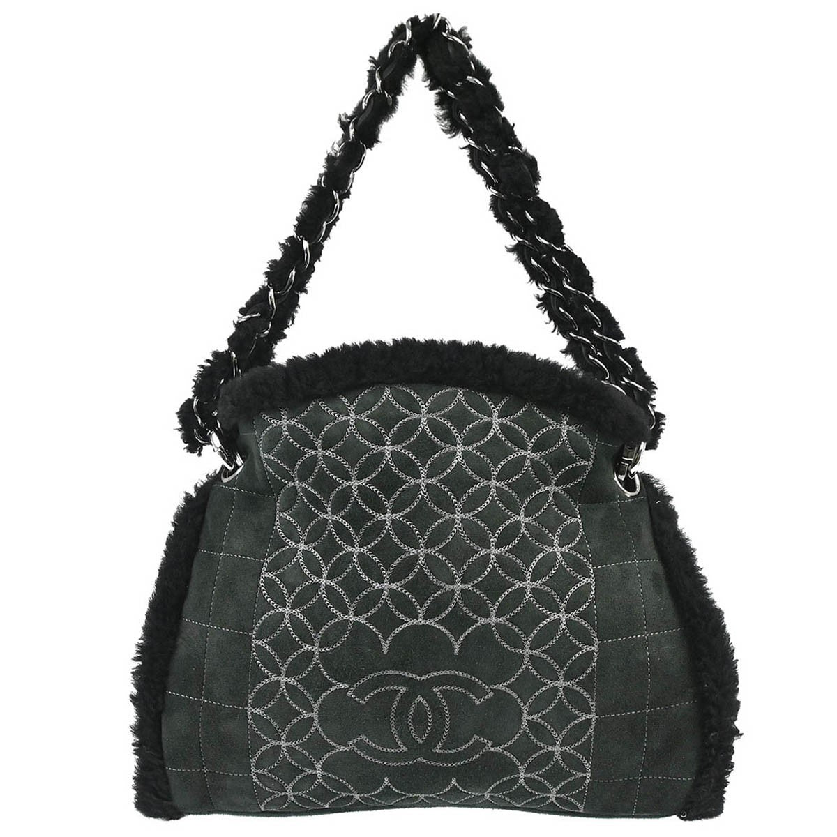 Chanel Vintage Embroidered CC Chain Tote Quilted Suede and Shearling Product Image