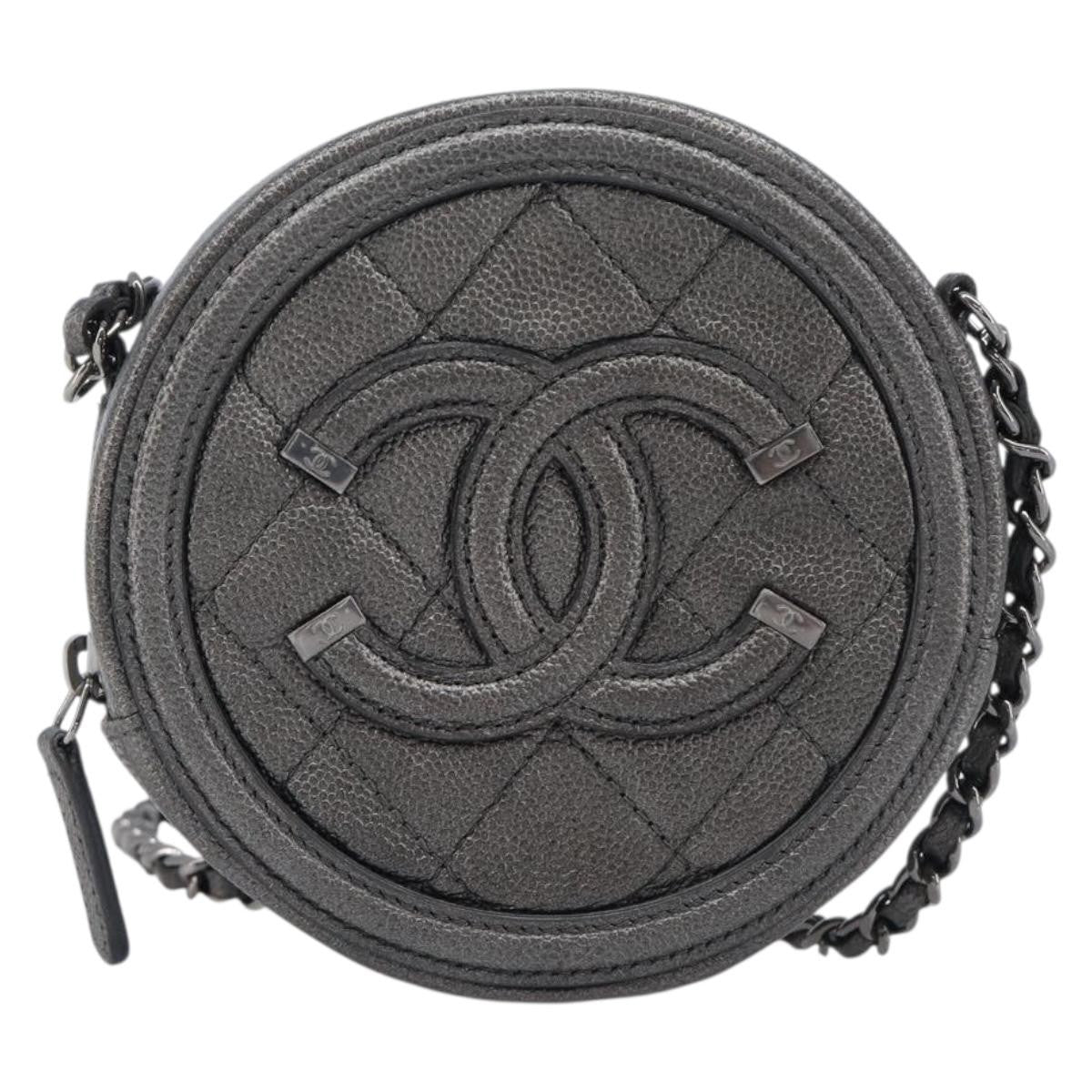 Chanel Filigree Round Clutch with Chain Quilted Iridescent Caviar Mini