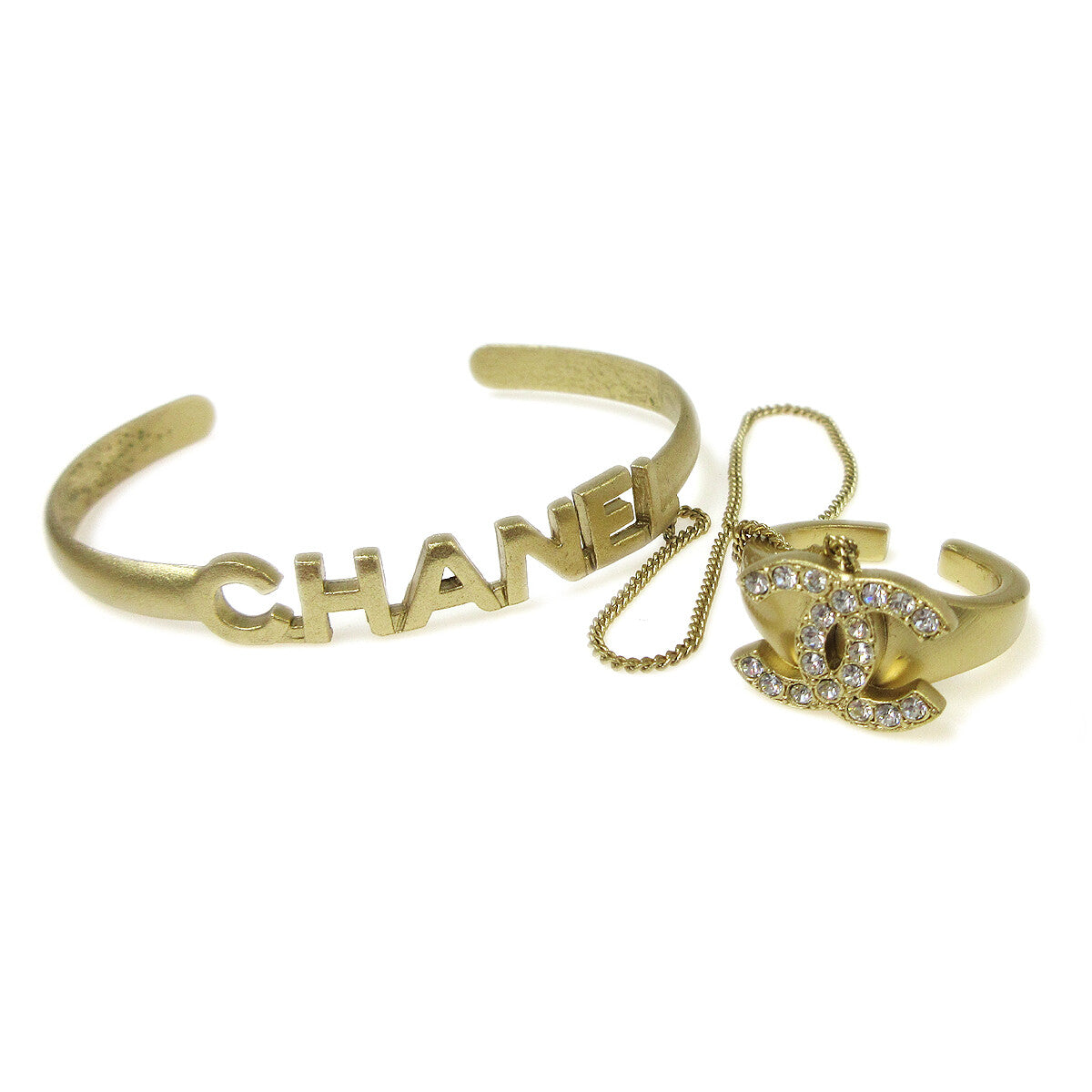 Chanel Logo Bangle with Chain Attached CC Ring Metal with Crystal Product Image