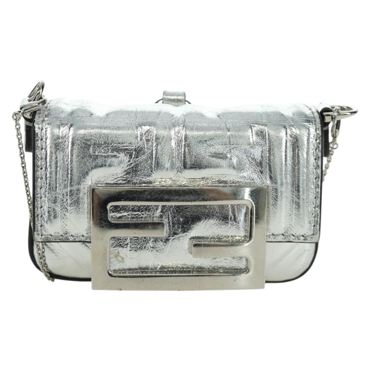 Fendi Chain Baguette Charm Bag Zucca Embossed Leather Nano