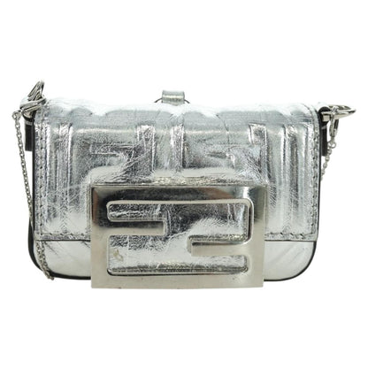 Fendi Chain Baguette Charm Bag Zucca Embossed Leather Nano