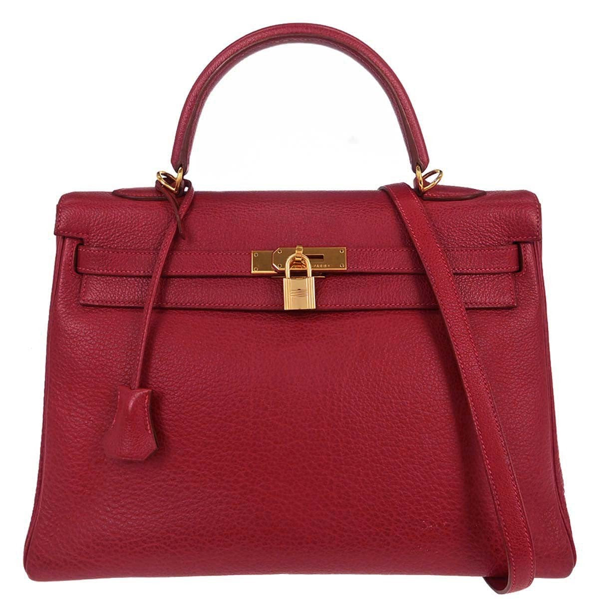Hermes Kelly Handbag Red Clemence with Gold Hardware 35