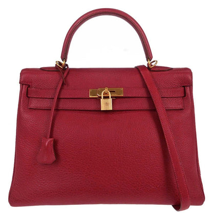 Hermes Kelly Handbag Red Clemence with Gold Hardware 35