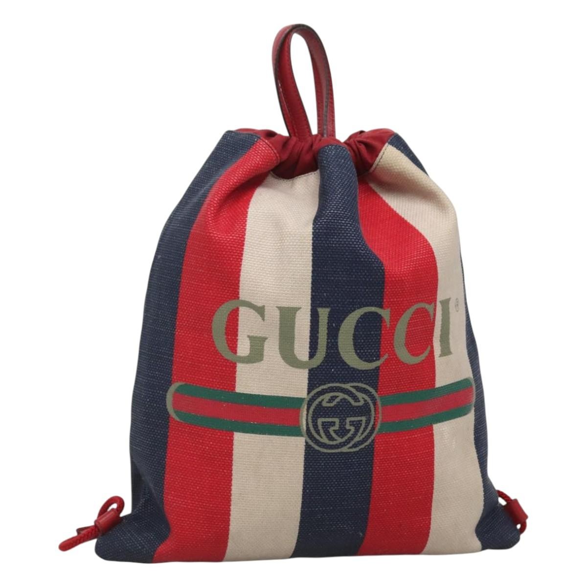 Gucci Logo Drawstring Backpack Striped Canvas Large