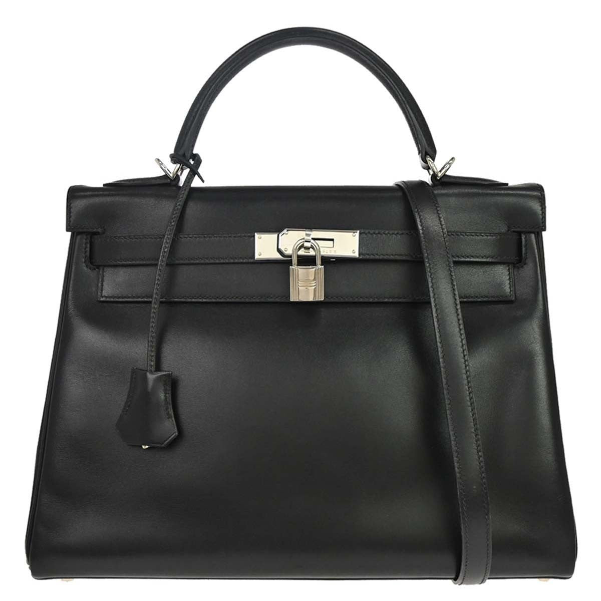 Hermes Kelly Handbag Black Box Calf with Palladium Hardware 32