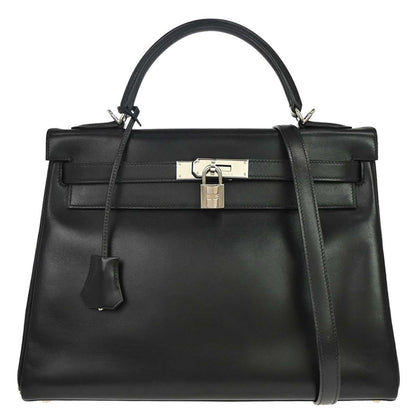 Hermes Kelly Handbag Black Box Calf with Palladium Hardware 32