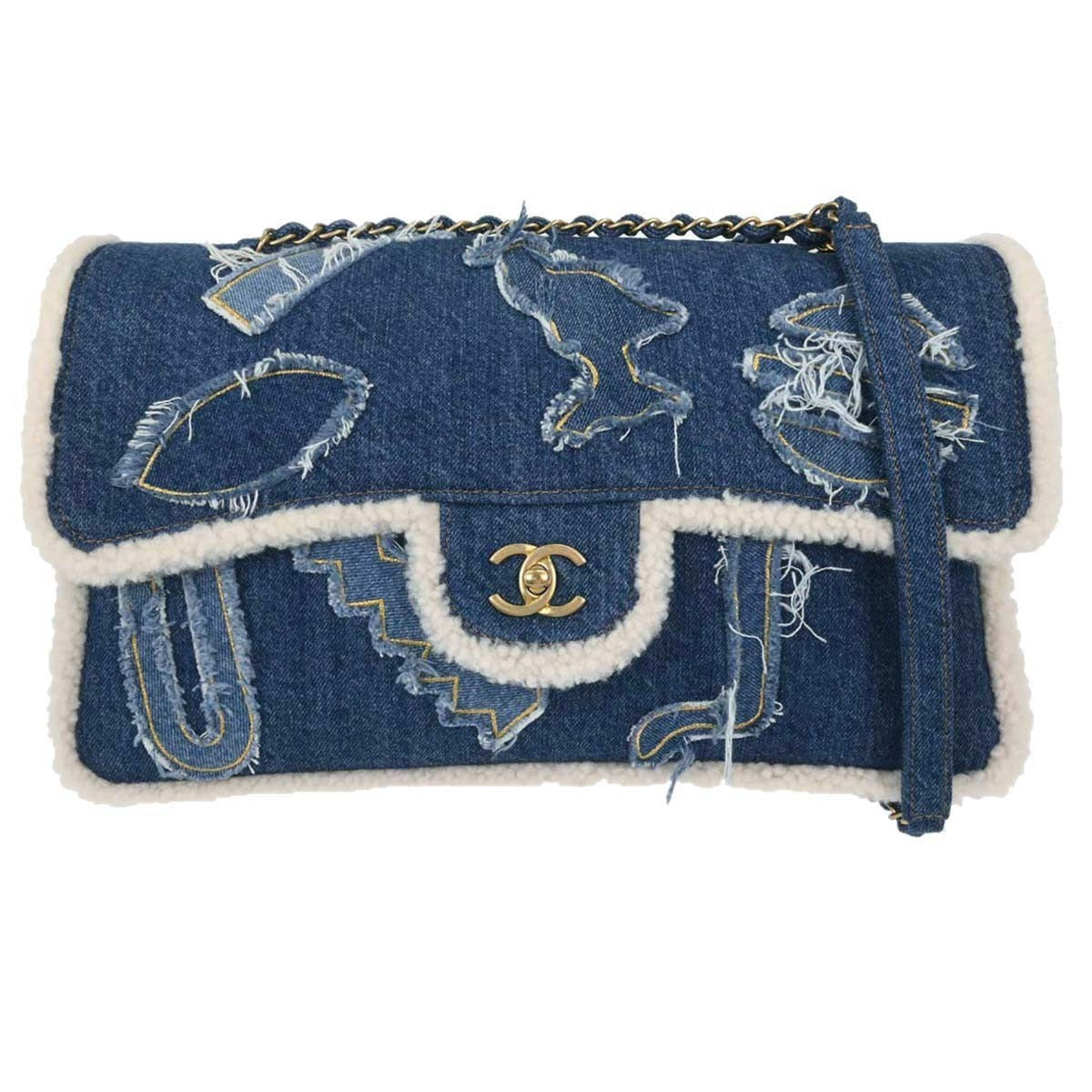 Chanel Egyptian Hieroglyph Flap Bag Denim and Shearling Medium