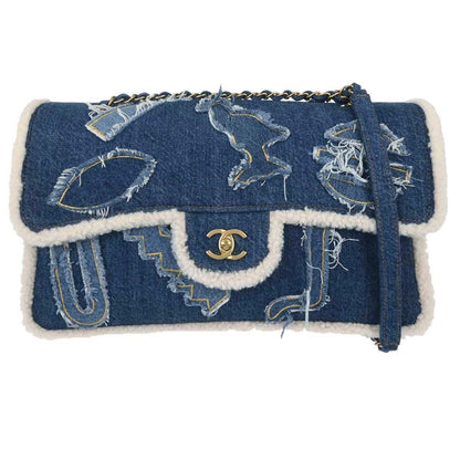 Chanel Egyptian Hieroglyph Flap Bag Denim and Shearling Medium
