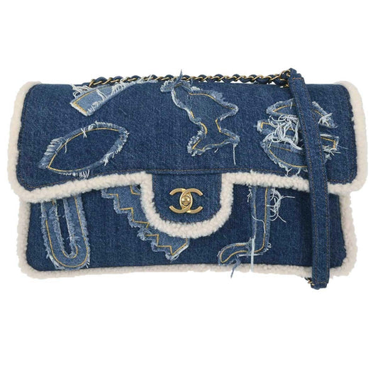 Chanel Egyptian Hieroglyph Flap Bag Denim and Shearling Medium