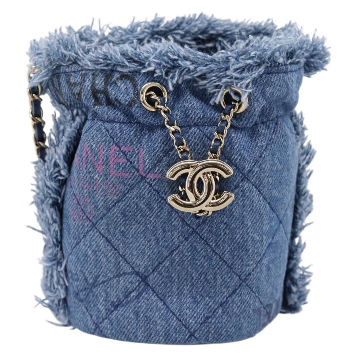 Chanel Denim Mood Chain Bucket Logo Printed Quilted Fringe Denim Mini