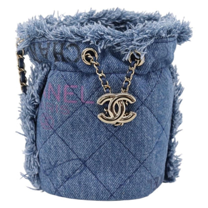 Chanel Denim Mood Chain Bucket Logo Printed Quilted Fringe Denim Mini