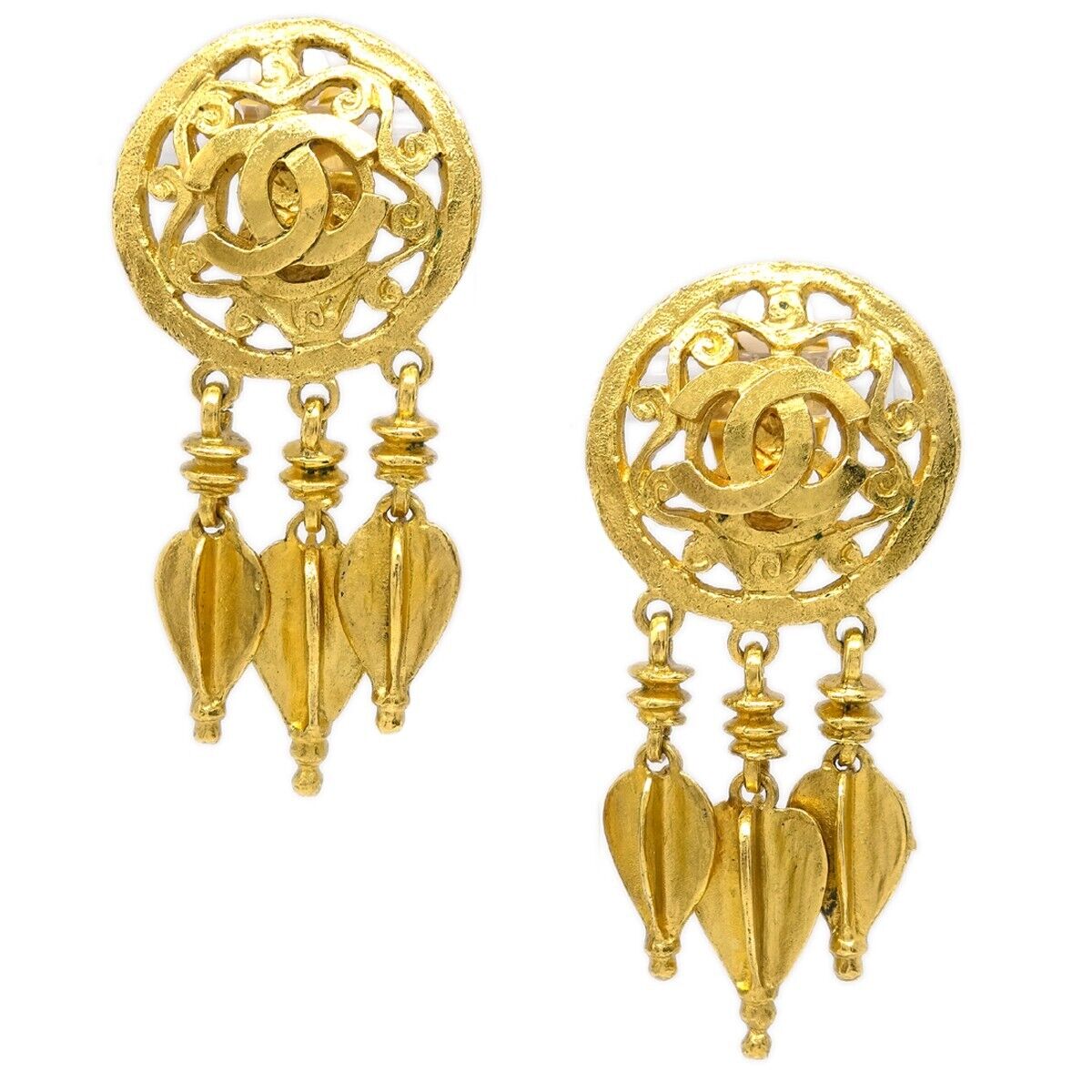 Chanel Vintage CC Round Drop Clip-On Earrings Metal Large