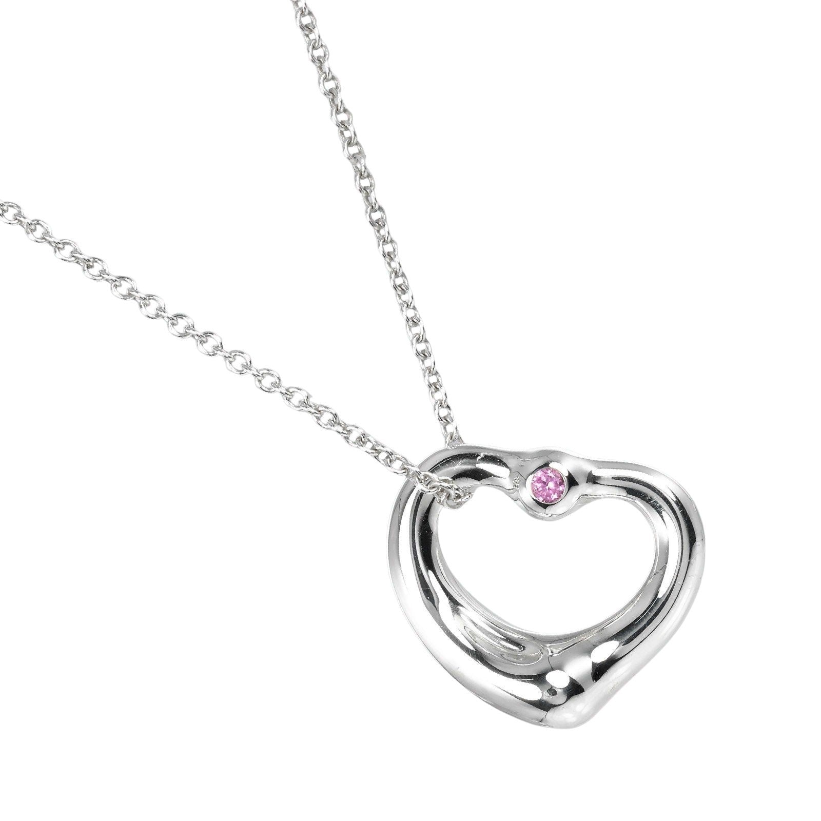 Tiffany & Co. Elsa Peretti Open Heart Pendant Necklace Sterling Silver with Pink Sapphire 16mm