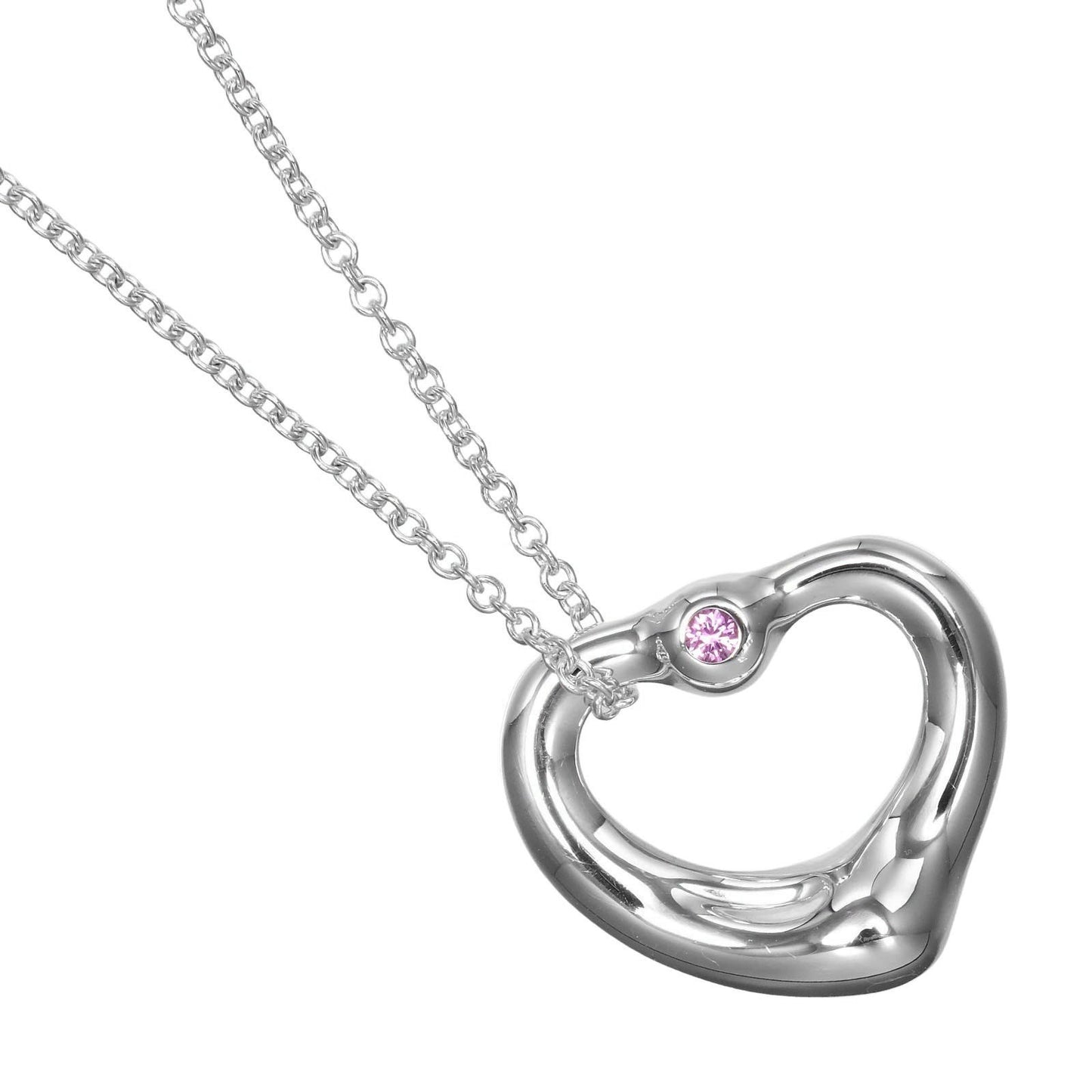 Tiffany & Co. Elsa Peretti Open Heart Pendant Necklace Sterling Silver with Pink Sapphire 16mm