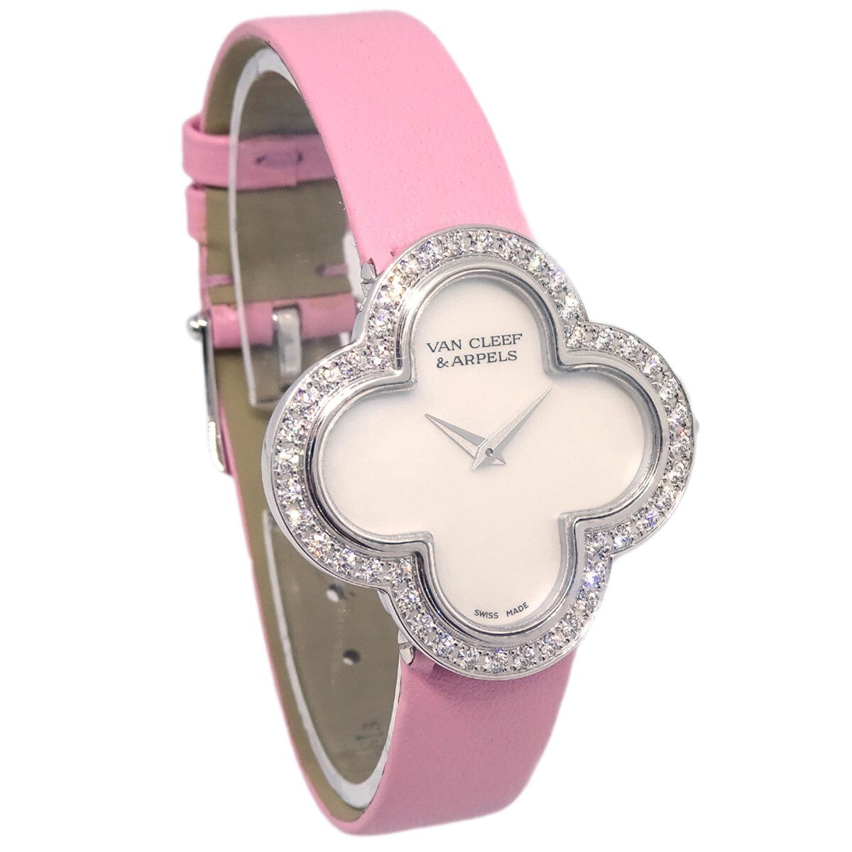 Van Cleef & Arpels Alhambra Quartz White Gold and Satin with Diamond Bezel and Mother of Pearl 26