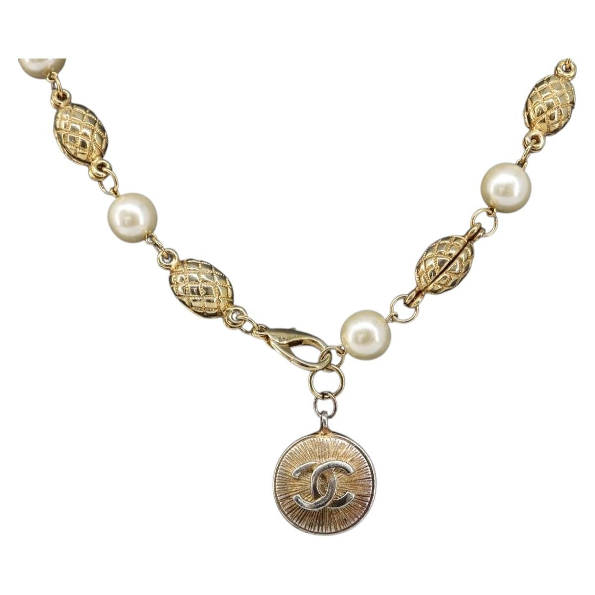 Chanel CC Necklace Faux Pearl and Metal Long