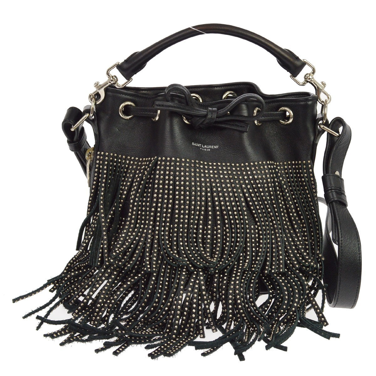 Saint Laurent Fringe Emmanuelle Bucket Studded Leather Small
