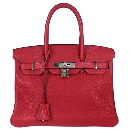 Hermes Birkin Handbag Red Clemence with Palladium Hardware 30