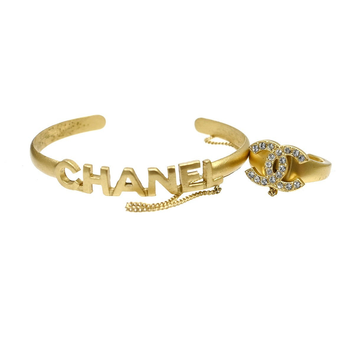 Chanel Logo Bangle with Chain Attached CC Ring Metal with Crystal Product Image