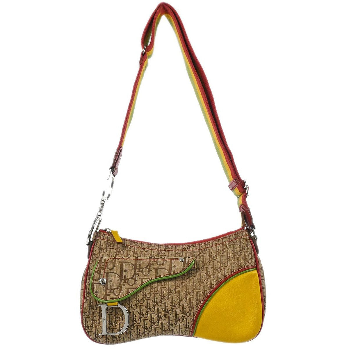 Christian Dior Vintage Rasta Saddle Messenger Bag Diorissimo Canvas Medium